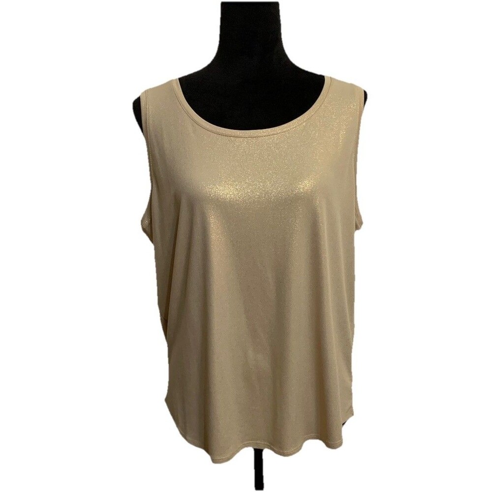 Chicos Size 2 Womens Large Top Gold Metallic Shimmer Scoop Neck Tank Stretch